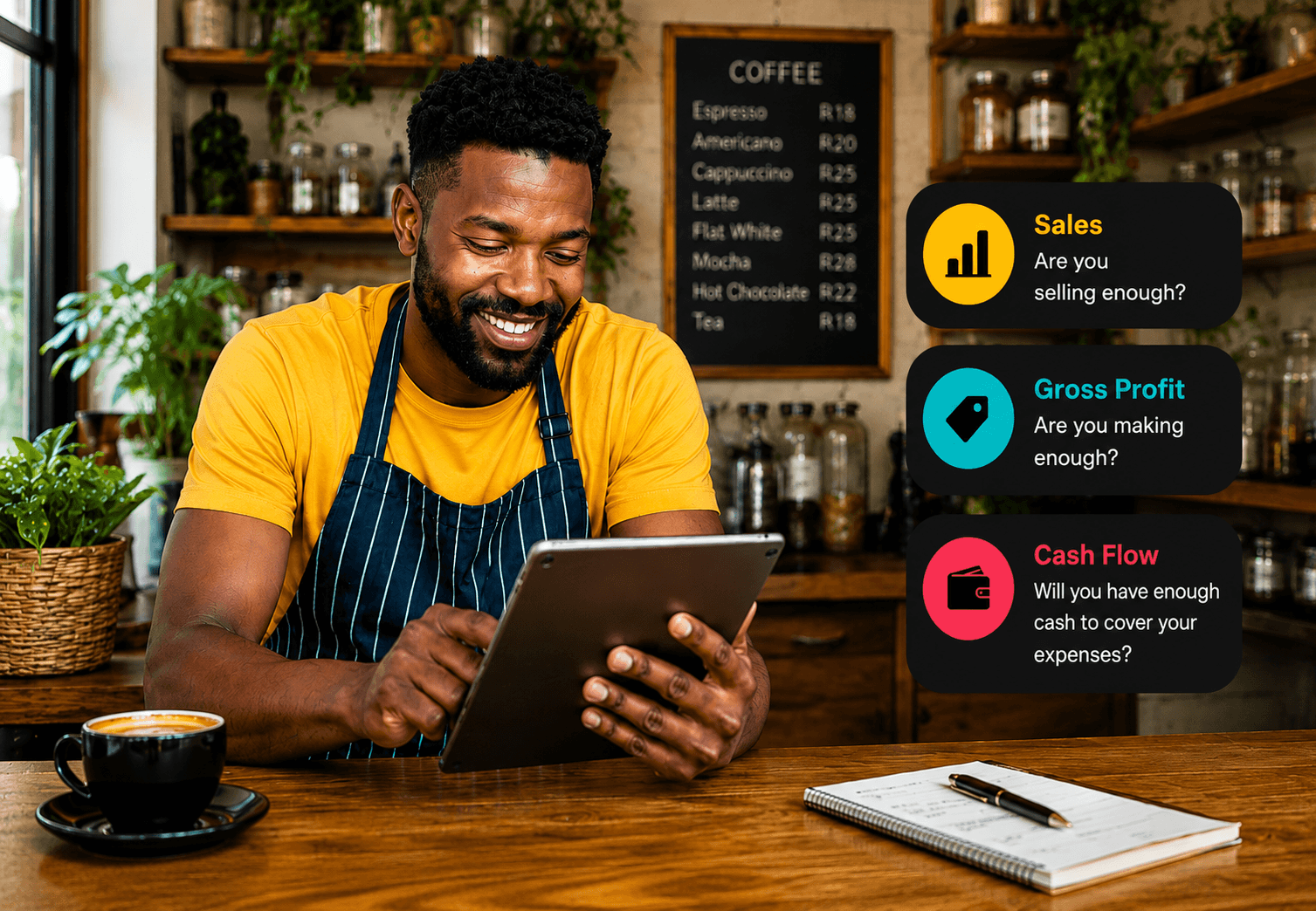 A smiling man in a coffee shop uses a tablet, with overlays asking about sales, gross profit, and cash flow.