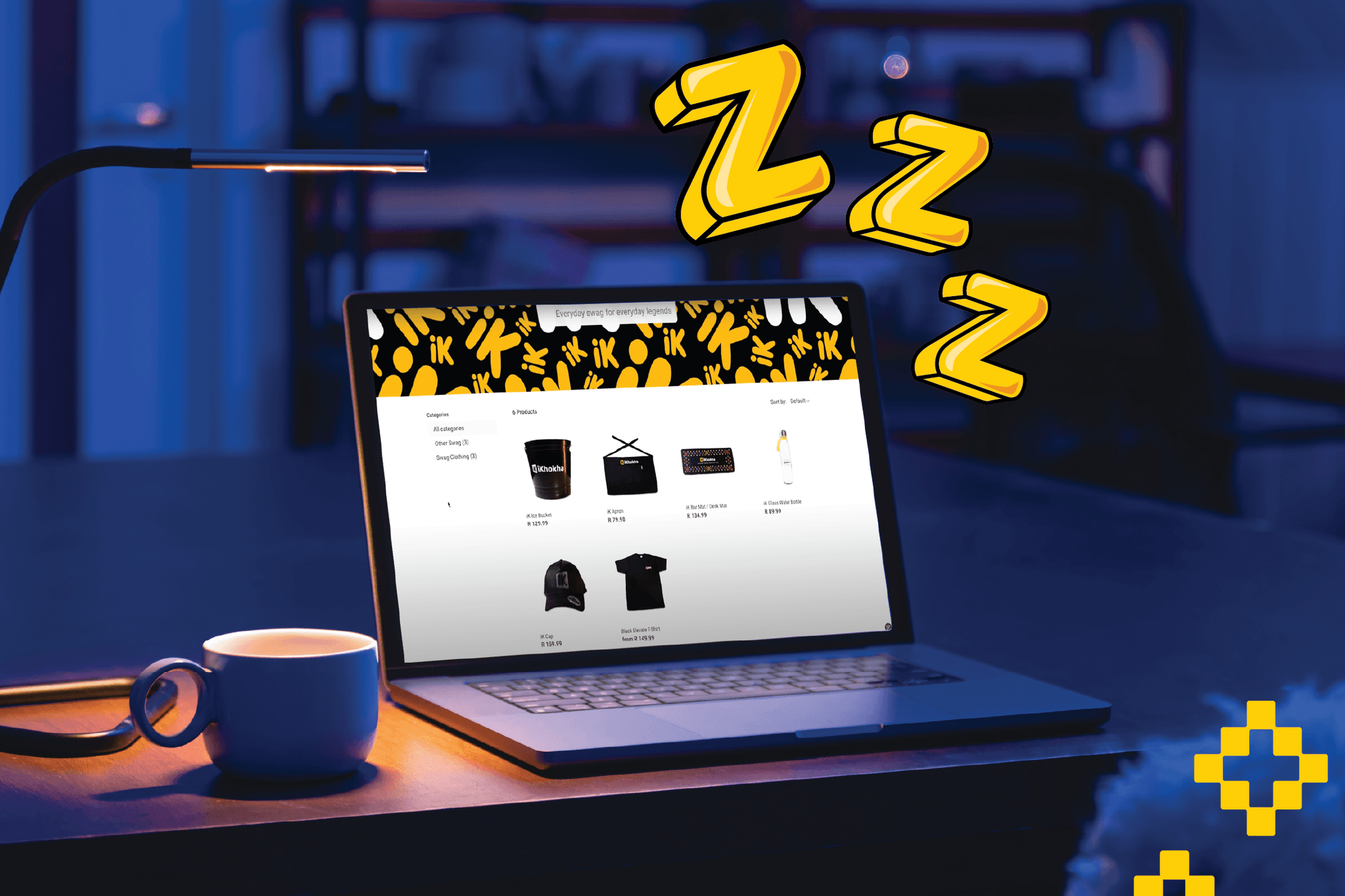Laptop on a desk under a lamp displaying the iKhokha online merchandise store (showing mugs, t‑shirts and other items), with a coffee mug beside it, stylised “Zzz” icons floating overhead and yellow pixel accents in the corner.