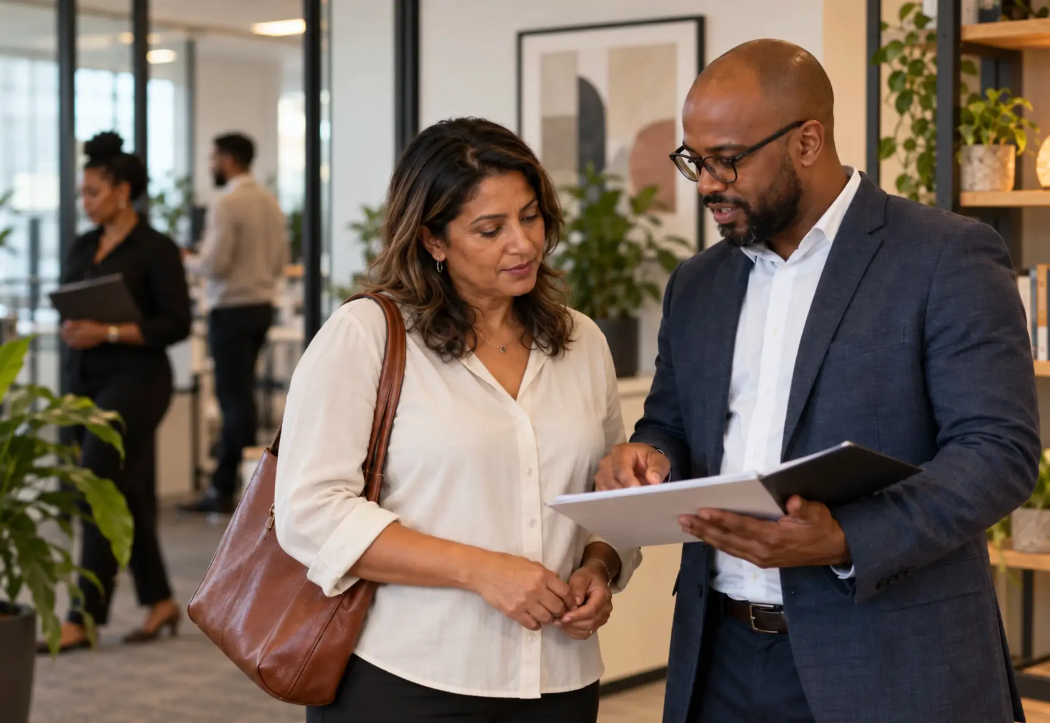 A Black man and an Indian woman review documents together in a bright office.